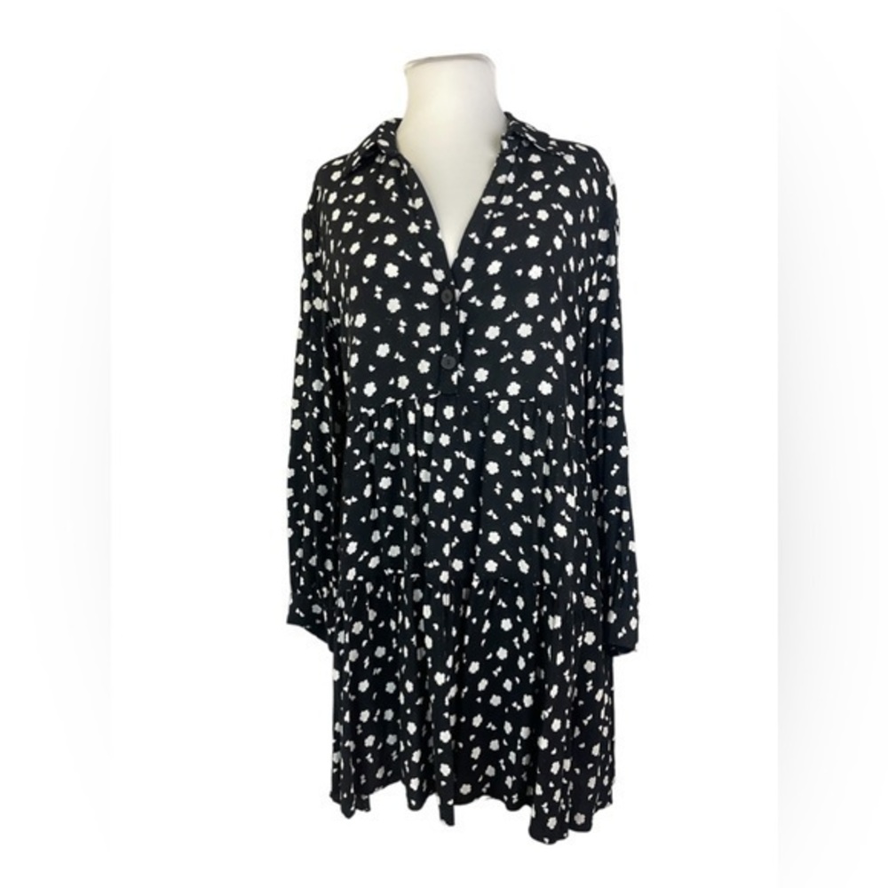 Zara Black White Floral Tiered Tunic Top or Mini Dress XL NWOT